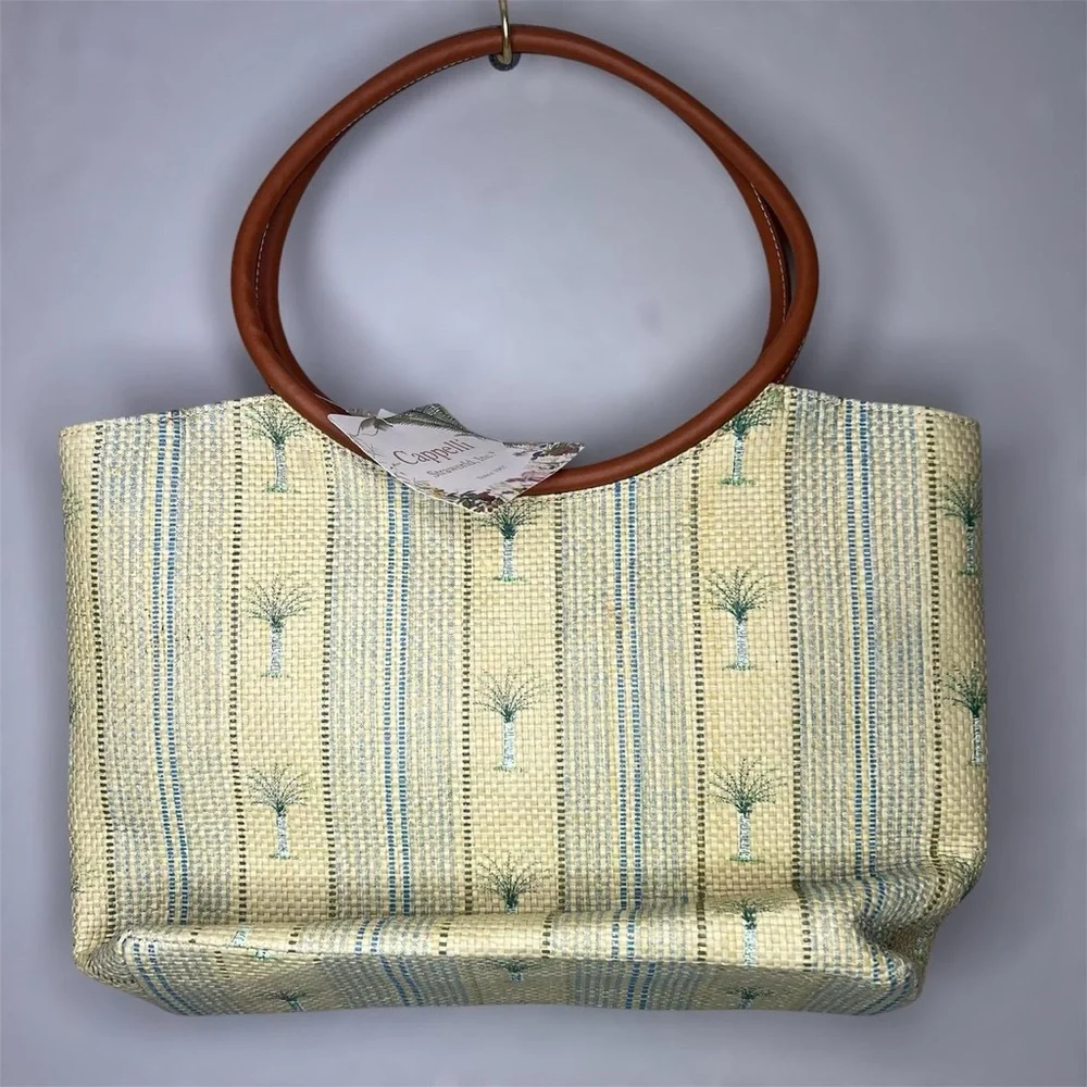 Capelli of New York Pale Yellow & Blue Woven Satchel with Brown Round Handles